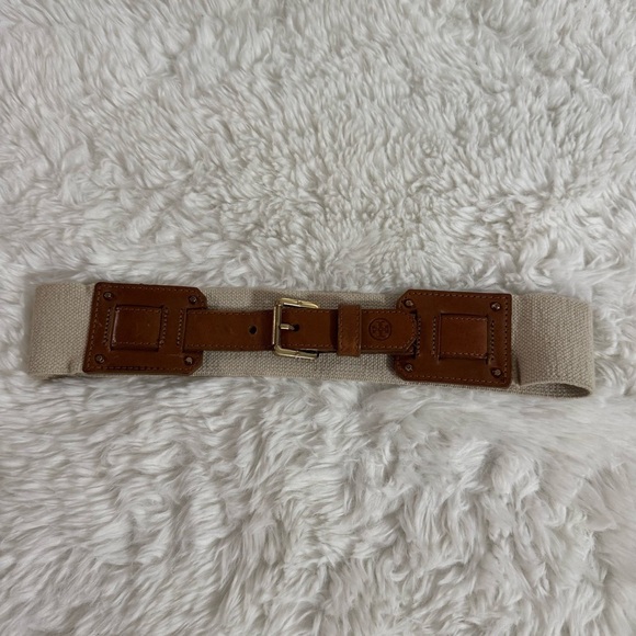 Tory Burch Tan and Brown Stretch Leather Belt with Gold Buckle Size XS - Picture 1 of 11